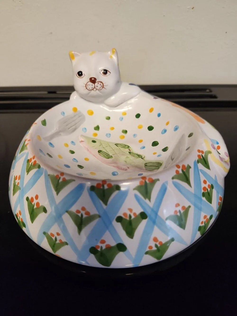 Vintage Hand Painted Cat Clay Pottery Cat Food Bowl 7